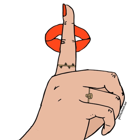 illustration hand shh-ing with rings by Sarah and Sebastian and Karen Walker